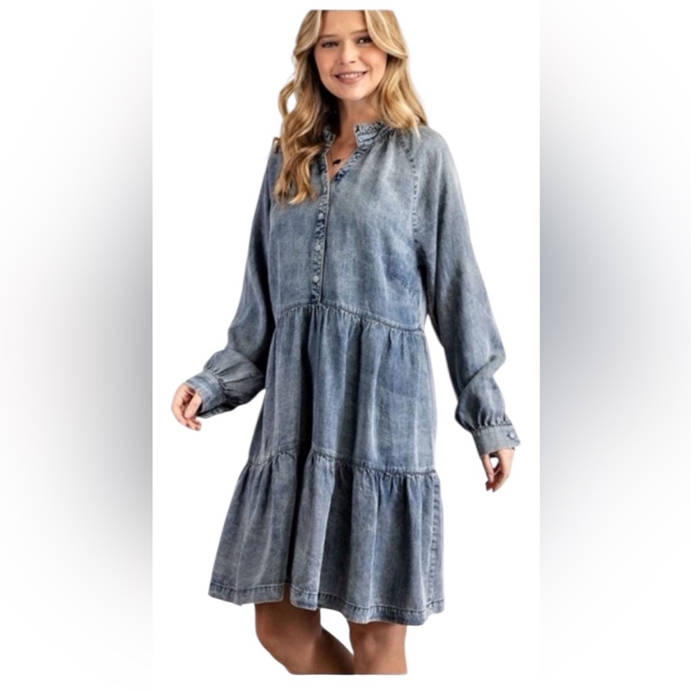 Easel‎ Denim Blue Long Sleeve Dress Size Small Flowy Oversized